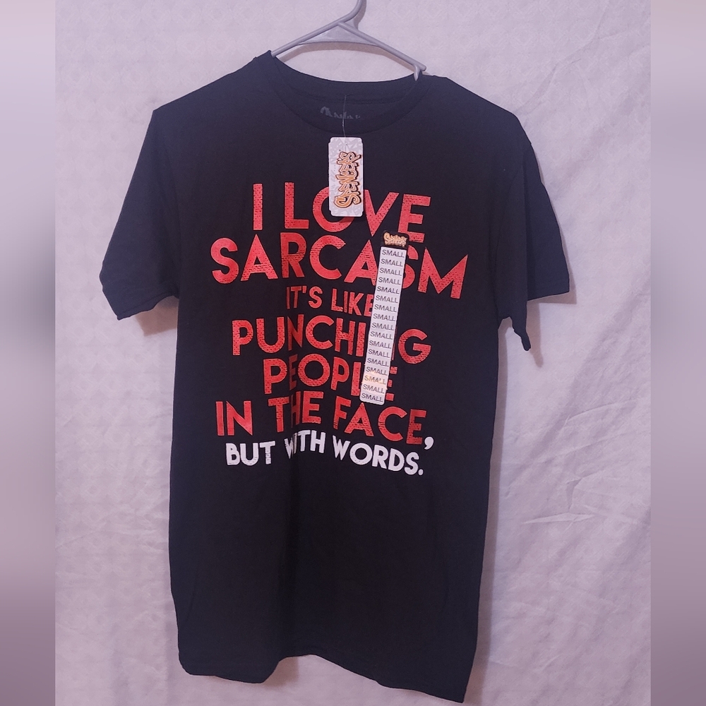 Black Graphic T-Shirt with Red and White Text